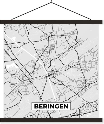 Posterhanger incl. Poster 60x60 cm - Schoolplaat - Zwart Wit – België – Plattegrond – Stadskaart – Kaart – Beringen - Textielposter - Zwarte latten - Stadskaart