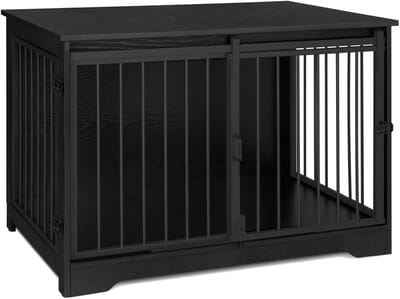 Archi houten hondenbench meubel – 100 cm hondenkooi met schuifdeur – stevige metalen bench voor middelgrote honden – modern hondenmeubel voor woonkamer & slaapkamer – zwart