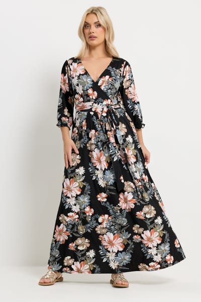 Yours Zwarte Wikkeljurk Met Bloemenprint En Vhals Size 44