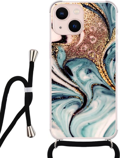 Hoesje met koord - Geschikt voor iPhone 13 - Marmer blauw swirl - Verstelbaar zwart koord - Transparant, Blauw, Goud - Marmer - Leuke Telefoonhoesjes