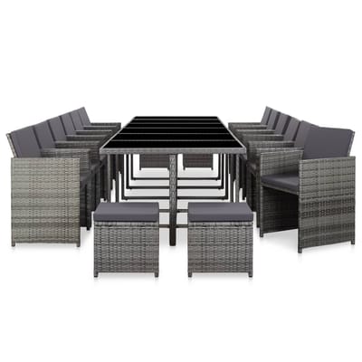 vidaXL - 17-delige - Tuinset - met - kussens - poly - rattan - grijs