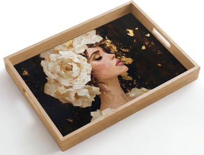Dienblad hout 50x35 cm - Schootdienblad - Abstract - Vrouw - Bloemen - Wit - Borrelplank rechthoek - Plateau dienbladen