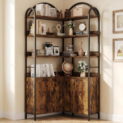Grote Industriële Hoekboekenkast met Opbergkast - L-Vormig Hoekrek met 6 Niveaus - Metaal en Hout - Voor Woonkamer & Slaapkamer - 189 cm Hoog