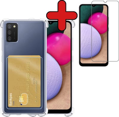 Hoesje - Geschikt voor Samsung Galaxy A02s - Met Screenprotector - Pashouder - Kaarthouder - Back Cover - Telefoon Hoes Shockproof - Siliconen Case - Shock Proof - Pasjes Houder - Telefoonhoes - Transparant