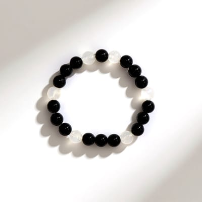 Cavill - Armband Regenboog Maansteen & Zwarte Onyx - 18 cm - 71,34 ct Edelsteen Kralen - Handgemaakt India - Stijlvol & Uniek Sieraad