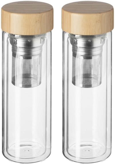 Secret de Gourmet Theefles - 2x - dubbelwandig - glas/bamboe - 40 cl - infusiefles/theepot