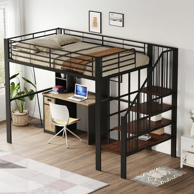 VVBV Hoogslaper, 140 x 200cm, Stevige metalen constructie met ruime opbergruimte onder het bed en de trap Ideaal voor kinderen en volwassenen, Opbergbed voor maximaal ruimtegebruik, zwart