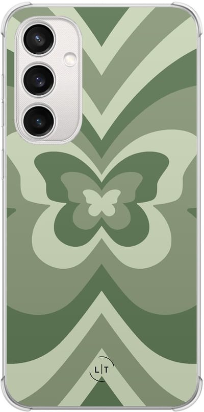Shockproof hoesje - Geschikt voor Samsung Galaxy S23 FE - Retro vlinder groen - Extra sterke case - TPU/polycarbonaat - Print / Illustratie - Groen, Transparant