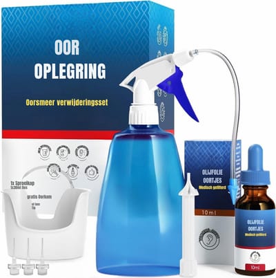 QIN® Oordouche - Oorspuit - Oorreiniging - met 4 Drukstanden - Blauw - 13cm x 9cm x 15cm