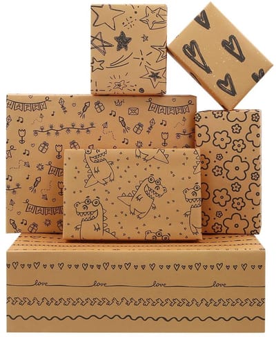 Dailygoods - Verjaardagscadeau inpakpapier, 6 gevouwen vellen bruin kraftpapier, dinosaurus, ster, hart, cadeau, bloemenontwerpen geschenkverpakking voor kinderen, meisjes, jongens, babyshower, 50 x 71 cm per vel,