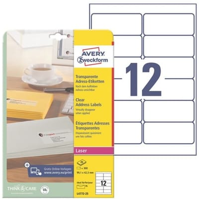Avery transparante etiketten QuickPEEL formaat 991 x 423 mm (b x h) 300 stuks 12 per blad