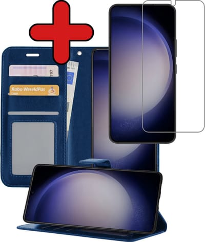 Hoesje - Met Screenprotector - Geschikt voor Samsung Galaxy S23 - Luxe Pasjeshouder - Flipcase - Bookcase Portemonee - Flip Case - Kunstleer Book Case - Book Cover - Walletcase - Portemonneehoes - Telefoonhoes - Donkerblauw