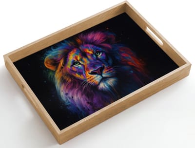 Dienblad hout 50x35 cm - Schootdienblad - Leeuwenkop - Felgekleurd - Abstract - Borrelplank rechthoek - Plateau dienbladen