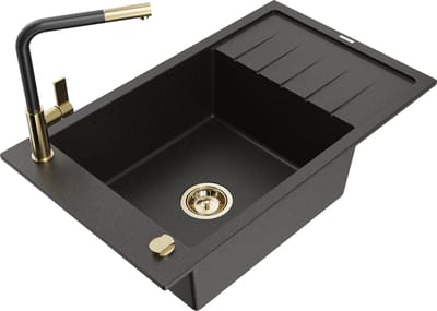 Mexen Elias granieten spoelbak 1-komorige met afdruiprek en keukenmengkraan Flora, zwart/gouden metallic - 6511-75-670401-57-G
