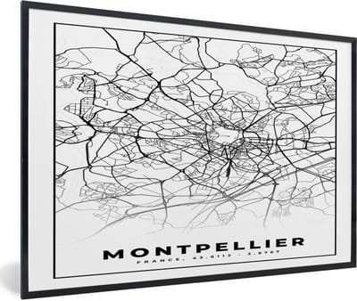 Fotolijst incl. Poster Zwart Wit- Stadskaart - Montpellier - Plattegrond - Kaart - Frankrijk - Zwart wit - 60x40 cm - Posterlijst