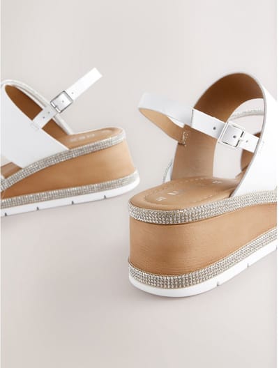 Next - Dames - Leren sportsandalen met glitterdetail, sleehak en open hiel - Wit