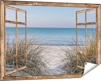 Gards Tuinposter Doorkijk Strand en Zee vanuit de Duinen - 120x80 cm - Tuindoek - Tuindecoratie - Wanddecoratie buiten - Tuinschilderij
