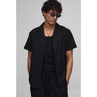 Regular Fit Linnen Blend Overhemd Met Korte Mouwen | Black | Size XS