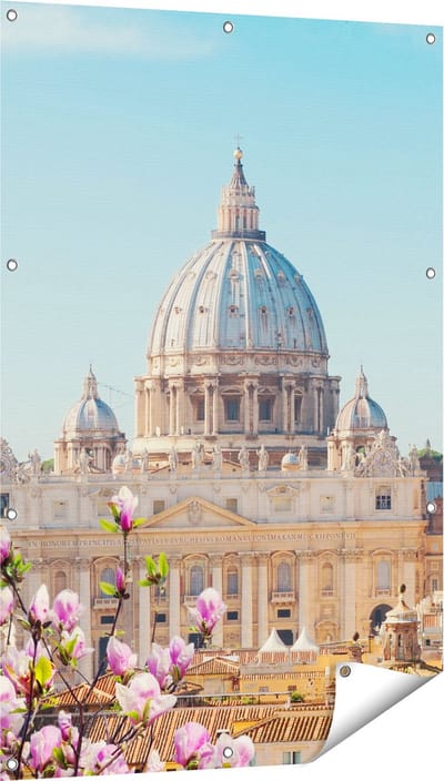 Gards Tuinposter Sint Pietersbasiliek in Rome met Bloemen - 80x120 cm - Tuindoek - Tuindecoratie - Wanddecoratie buiten - Tuinschilderij