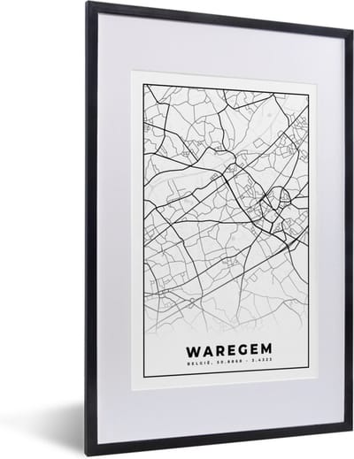Fotolijst incl. Poster Zwart Wit- Zwart Wit – België – Plattegrond – Stadskaart – Kaart – Waregem - 40x60 cm - Posterlijst