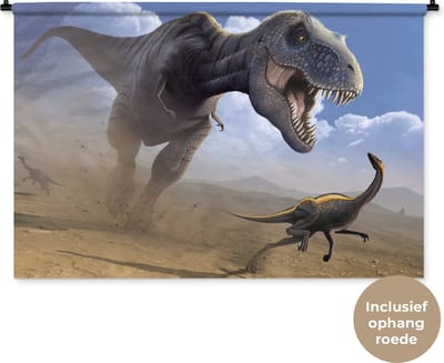 Wandkleed Dinosaurus illustratie - Een illustratie van een jagende dinosaurus Wandkleed katoen 120x80 cm - Wandtapijt met foto