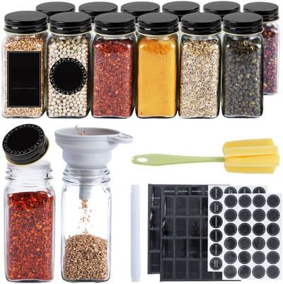 ACXIN Kruidenpotjes Set Kruidenpotjes Glas Vierkant 120ML Luchtdicht Met Etiketten Strooideksel Trechter Reinigingsborstel Keuken Organisatie - 12 Stuks - Aluminium Zwart Deksel