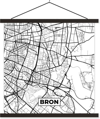 Posterhanger incl. Poster 60x60 cm - Schoolplaat - Bron - Stadskaart - Plattegrond - Kaart - Frankrijk - Zwart wit - Textielposter - Zwarte latten - Stadskaart