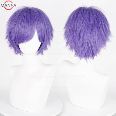 Anime 30cm Kort Recht Cosplay Pruik Zwart Wit Groen Bruin Paars Blauw Grijs Rood Goud Man Vrouwen Hittebestendig Synthetisch Haar purple