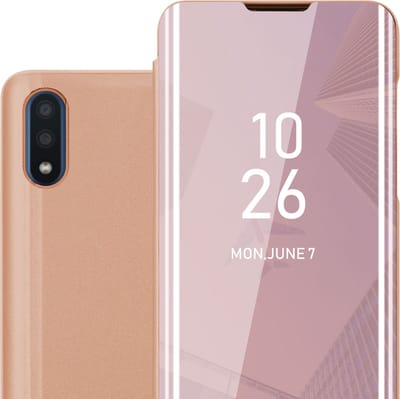 Cadorabo Hoesje geschikt voor Samsung Galaxy A01 in KUNZIET ROZE - Clear View Spiegel Beschermende Case met Tribunefunctie 360 Graden Bescherming Book Case Cover Etui