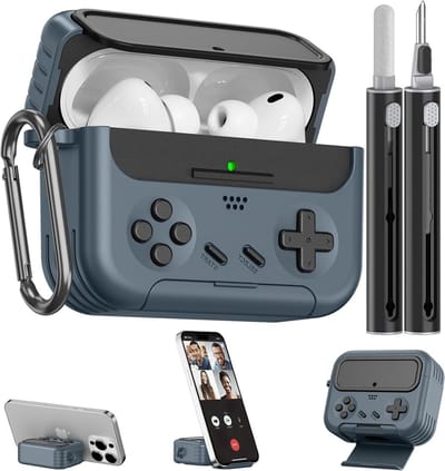 Hoes voor AirPods Pro 3 met telefoonhouder en reinigingsset, stevig TPU, klassiek gameconsole-design, compatibel met Apple AirPods Pro 3 (2025)