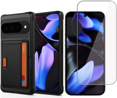 Pasjes Houder Hoesje & Screenprotector geschikt voor Google Pixel 9 Pro XL Hoesje Screenprotector - Gehard Glas Cover + Heavy Duty Case - Magnetisch Portemonnee Hoesje Cover - Zwart