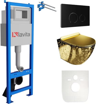 LAVITA® Inbouwreservoir Complete Toiletset LAV 101 - Inbouw WC Hangtoilet Wandcloset SOFI SLIM GOLDEN EYE - Bedieningsplaat 200.4.4 Zwart - Voorwandelement voor toilet 40cm - Installatiesysteem