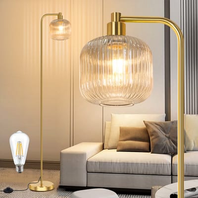 Rosnek Moderne Staande Lamp – Kaki Geribbelde Glazen Kap - 170 cm Hoge Vloerlamp met Voetschakelaar & Incl - Gratis LED - Stijlvol Design voor Woonkamer, Slaapkamer of Kantoor