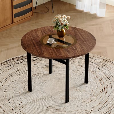 DESMIU Eettafel Ronde Tafel Met Glazen Inleg En Onderplank Voor Woonkamer En Eetkamer Van MDF Glas En Metaal 100 Cm Bruin Zwart