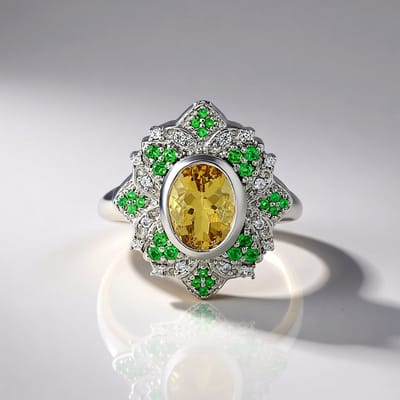 Cavill - Zilveren ring met Gele Beryl 1,43 ct en Tsavoriet - 925 Sterling Zilver - Platina Geplateerd - Bloemvorm - Elegant & Luxe