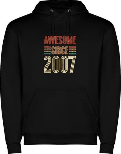Zwarte unisex hoodie met “ Kleurrijke Awesome Since 2007 – Vintage stijl – Leeftijd – Verjaardag “ Print Full Color Color merk Roly maat S