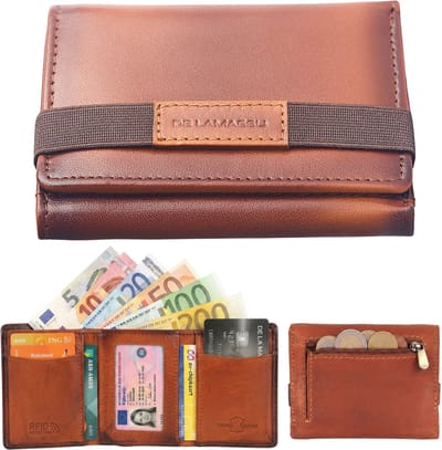 DE LAMASSU® (Tobias) Slim Portemonnee Heren – RFID Bescherming – Echt Leer – 10 Kaarten – Compact 8x10 cm – Met Ritsvak en Elastische Sluiting
