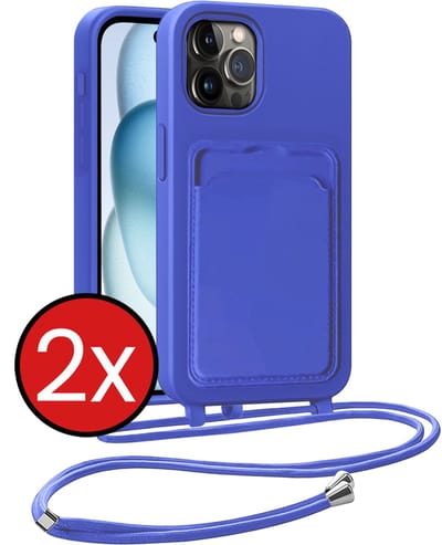Hoesje Geschikt voor iPhone 14 Pro Max Hoesje Met Telefoonkoord en Pasjeshouder Siliconen - Hoes Geschikt voor iPhone 14 Pro Max Hoesje Met Kaarthouder Case - Felblauw - 2 PACK