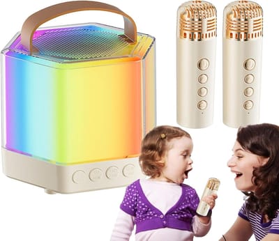 Karaoke machine - Draagbare speaker - Feestelijke avonden - Met 2 microfoons - 12 x 12 x 12 cm - Houtkleurig