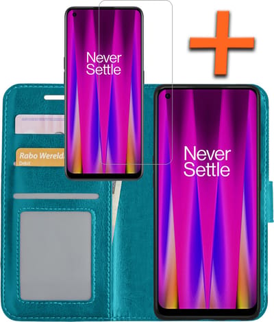 Hoes - Met Screenprotector - Geschikt voor OnePlus Nord CE 2 Lite - Luxe Pasjeshouder - Bookcase Portemonee - Flip Case - Kunstleer Book Case - Flipcase - Book Cover - Walletcase - PortemonneeHoes - Turquoise