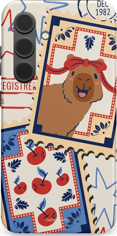Casetastic hoesje geschikt voor Samsung Galaxy S24 - Dubbellaagse bescherming - Kerst Capibara Post van de Noordpool - Fashion Case - Lichtgrijs Zand Terracotta