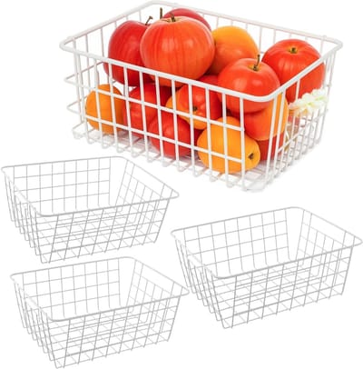 Set van 4 witte vriesmanden 28,5 x 22 x 12 cm, metalen opbergmanden voor keuken, badkamer en organisatie