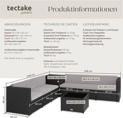 Tuinmeubelset Polyrotan Loungeset 306 x 190 x 66 cm – Modulaire 8-delige Hoeklounge met Opbergbox, Bijzettafel met Glasplaat, Inclusief Dikke Kussens, Weerbestendig Balkon & Tuin Set Natuur – Laura