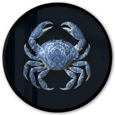 Poster in lijst Rond - Fotolijst 40x40 cm - Posters - Krab - Delfts blauw - Dieren - Ronde posterlijst zwart - Decoratie - Wanddecoratie woonkamer - Muurdecoratie slaapkamer