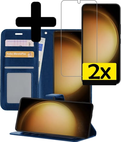 Hoesje - Met 2x Screenprotector - Geschikt voor Samsung Galaxy S23 Plus - Luxe Pasjeshouder - Bookcase Portemonee - Flip Case - Kunstleer Book Case - Flipcase Hoes - Book Cover - Walletcase - Portemonneehoes - Telefoonhoesjes - Donkerblauw