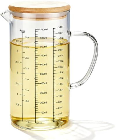 Maatbeker, glazen maatbeker, 1 liter, hittebestendig borosilicaatglas met handvat en schaalverdeling, nauwkeurige meetschaal, beker met deksel, glazen maatbeker voor keuken en bakken