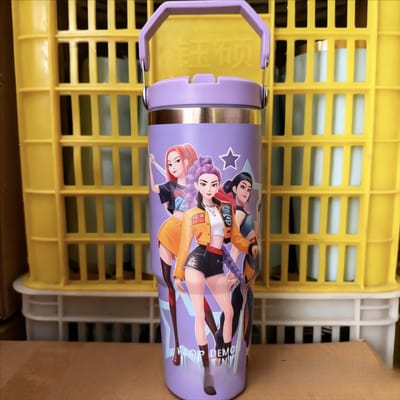 Tasse Thermos Groupe Chasseur de Sorcières Nouvelle Tasse à Paille Dessin Animé Acier Inoxydable Tasse à Glace Tasse à Anse de Haute Valeur 900ML rouge rose
