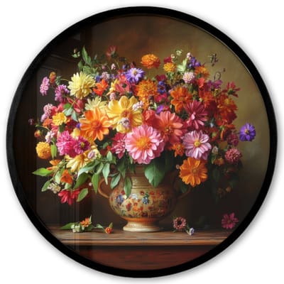 Poster in lijst Rond - Fotolijst 40x40 cm - Posters - Kleuren - Boeket - Vaas - Hout - Ronde posterlijst zwart - Decoratie - Wanddecoratie woonkamer - Muurdecoratie slaapkamer