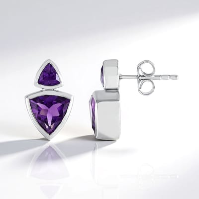 Cavill - Zilveren Oorbellen - 925 Sterling Zilver Geplatineerd - 2.215 Ct Marokkaanse Amethist Triljant - Elegante Paarse Damesoorbellen