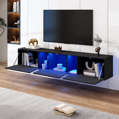Muurbevestigde tv meubel 180x35x30 cm - lage tv-kast - met LED-verlichting - hoogglans tv-kast - zwart